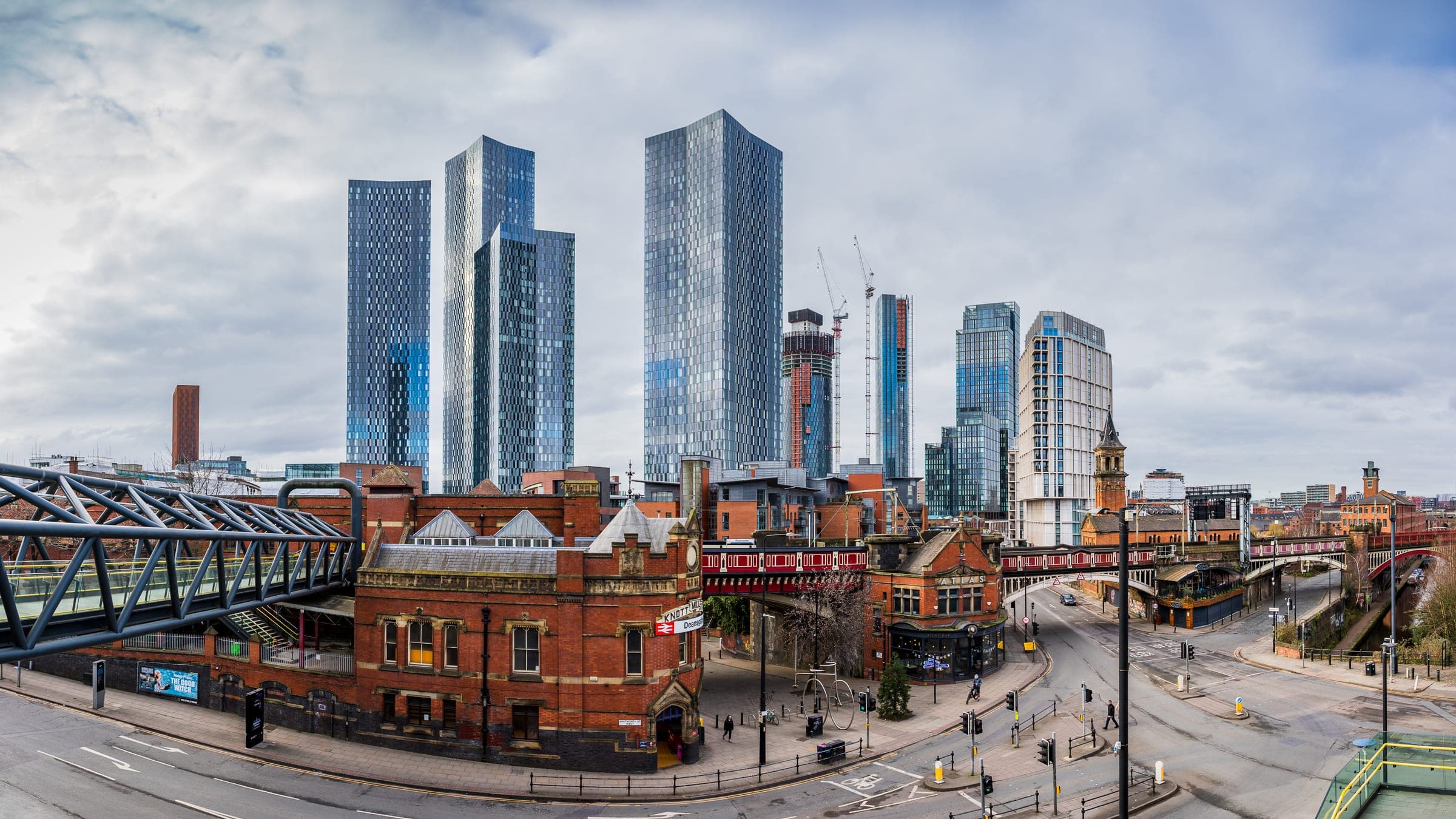 Deansgate in Manchester with the Deansgate Square skyline behind it